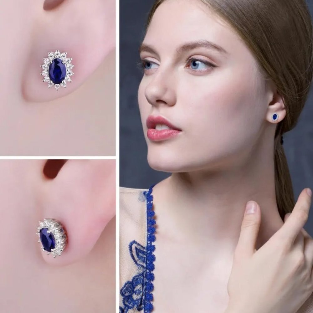 Jewelry earrings stud halo oval blue sapphire 925 silver September birthstone